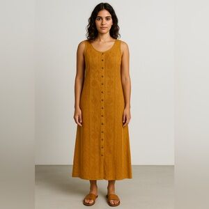 VTG 90s Embroidered Rayon Maxi Dress Mustard Gold Boho India Button Front Dress